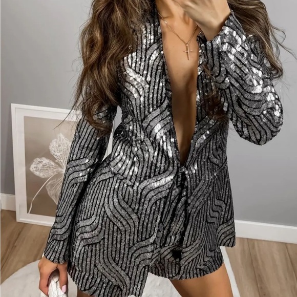 Zara SILVER LAPELLESS SEQUIN BLAZER JACKET